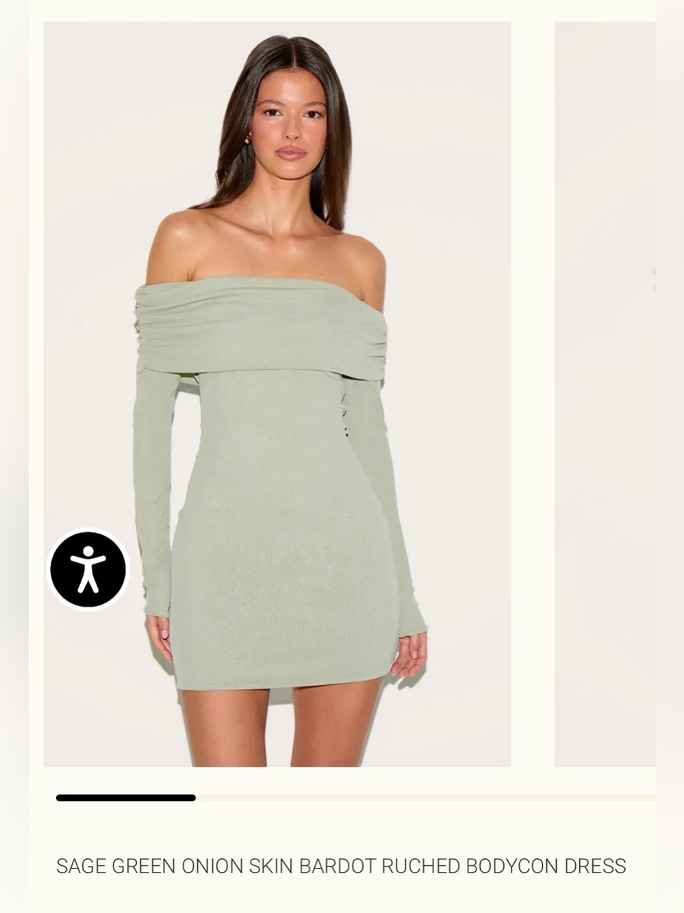 PrettyLittleThing Sage Green Onion Skin Bardot Ruched Bodycon Dress, size 4
